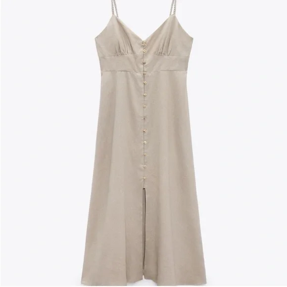 Zara Beige Button-Front Midi Dress - Picture 9 of 9